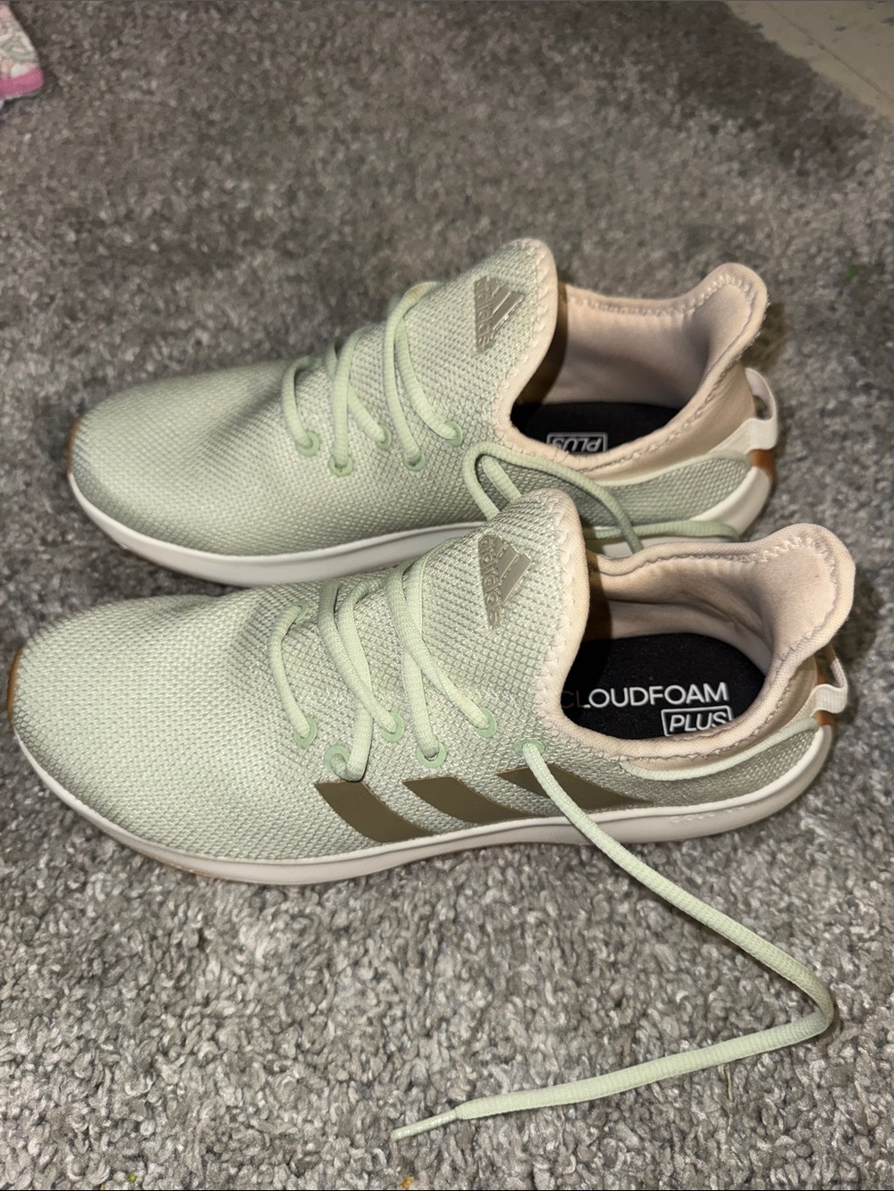 adidas Women’s Light Green Cloudfoam Plus Knit Sneakers with Brown Stripes